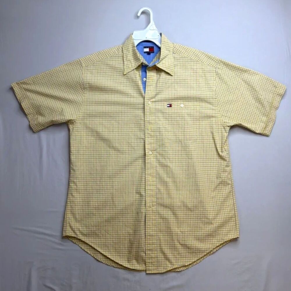 Tommy Hilfiger Short Sleeve Check Shirt Yellow Contrast Collar Medium
